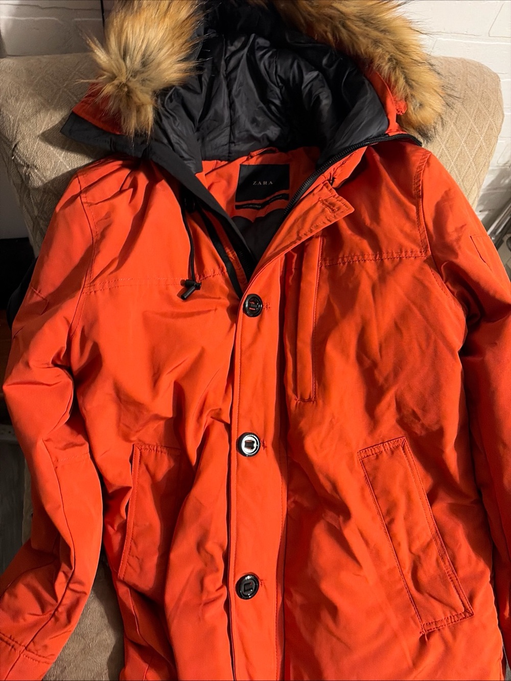 Zara Men's Bright Orange Hooded Puffer with Faux Fur Trim